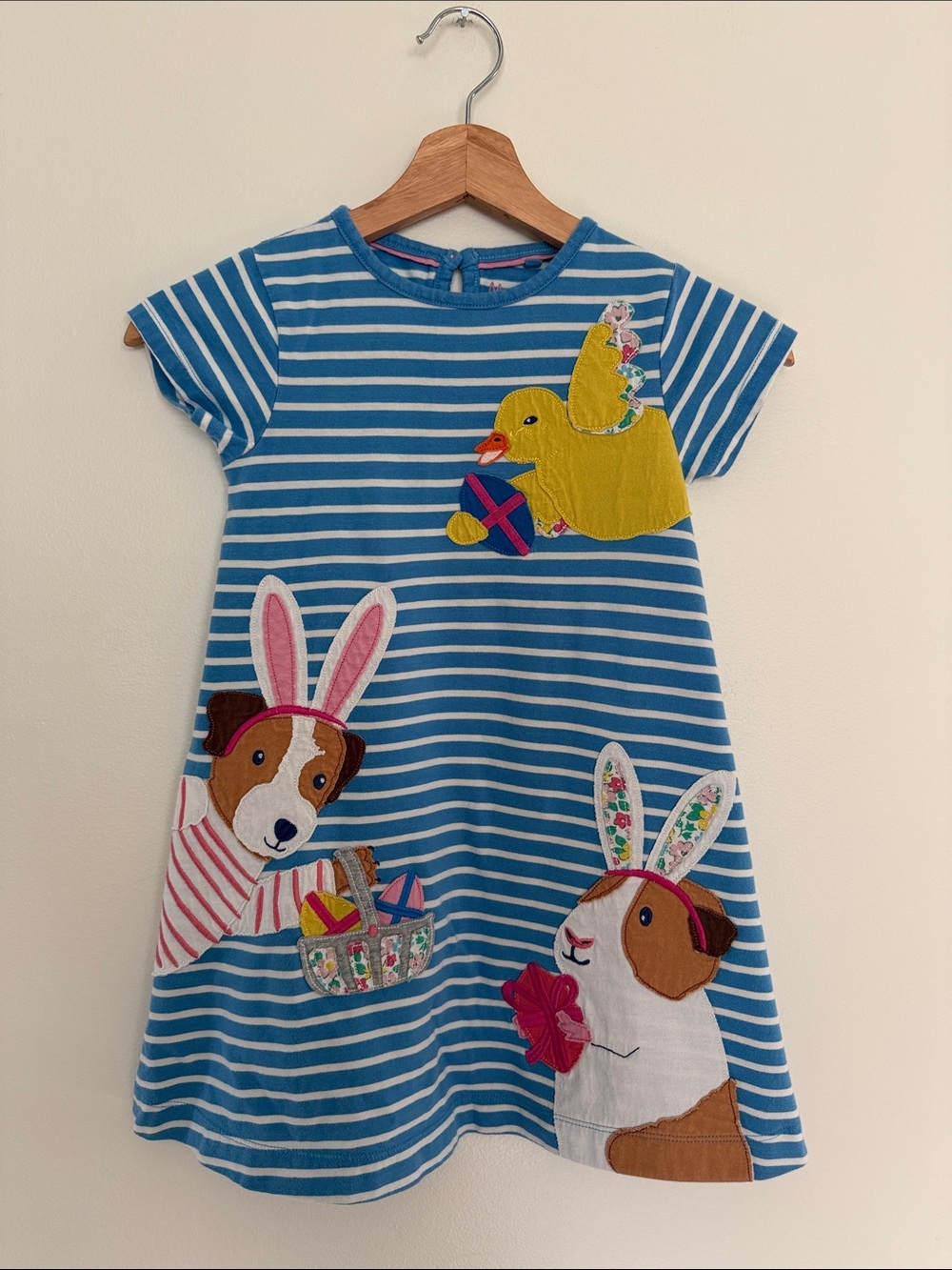 Mini Boden Blue White Striped Easter Animals Applique Dress Size 6